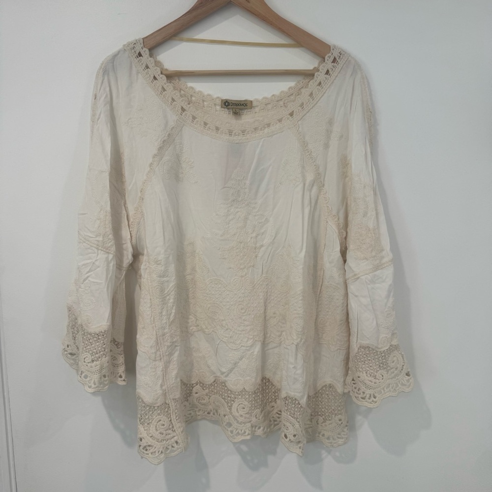 🛑Sold🛑NWT Democracy Women's Cream Laced 3/4 Sleeve Blouse Size L Bohemian